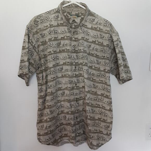 Vtg Cabelas Mens Large Tall All Over Print Antelope Collared Button Down Shirt - Picture 1 of 8